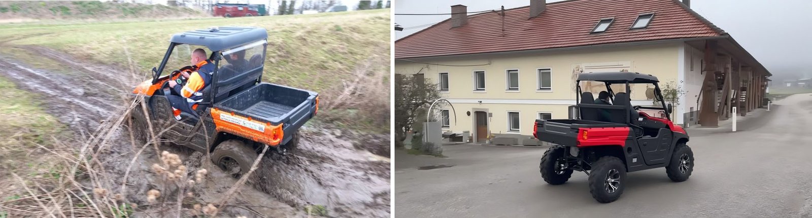 A 4WD side by side buggy navigating a deep, slippery mud pit, showcasing UTV differential locks preventing single-wheel idling.