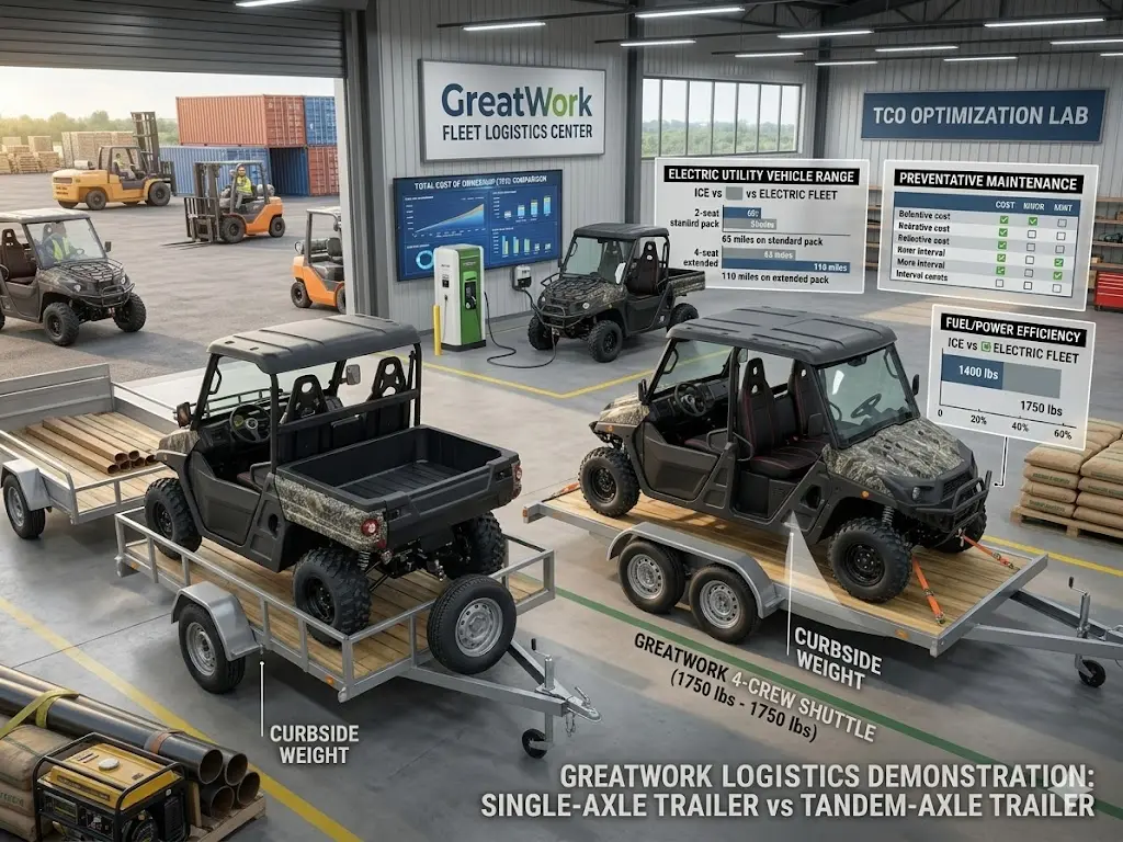 GreatWork commercial UTV transport logistics comparison showing 2-seat 'Work Mule' on a single-axle trailer versus 4-seat 'Crew Shuttle' requiring a heavy-duty dual-axle tandem trailer.