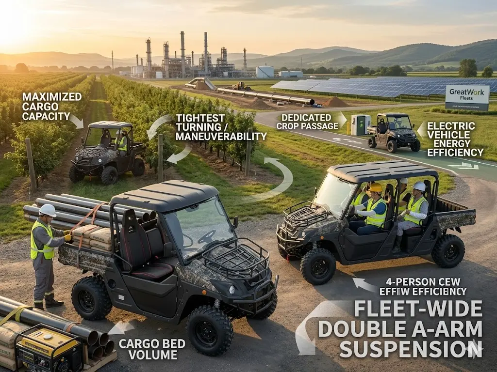 Commercial 2-seat UTV and 4-seat utility terrain vehicle fleet comparison for orchard navigation and construction logistics.