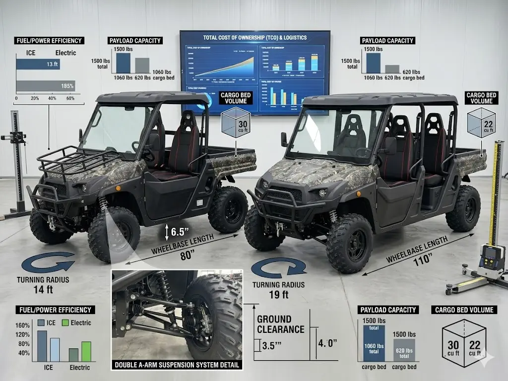 GreatWork commercial UTV technical specifications comparison including wheelbase, ground clearance, and double A-arm suspension system details for 2-seat and 4-seat utility terrain vehicles.