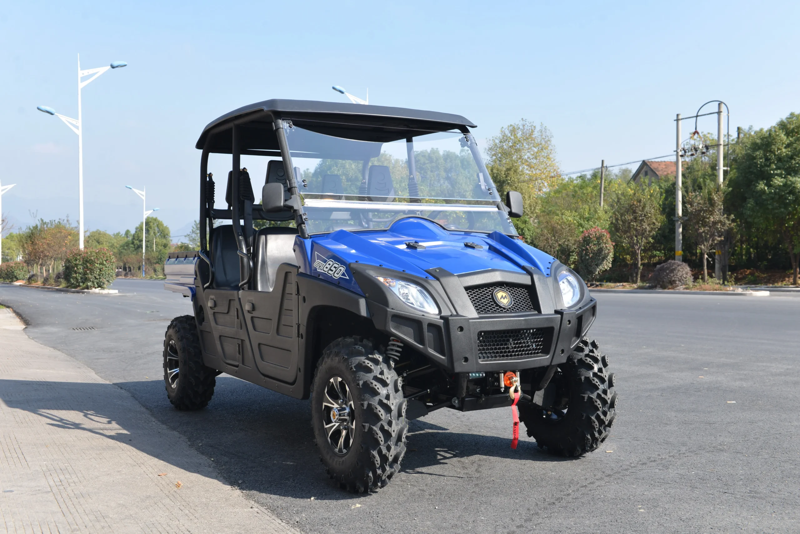 Blue crossover side-by-side with independent suspension and rugged steel frame