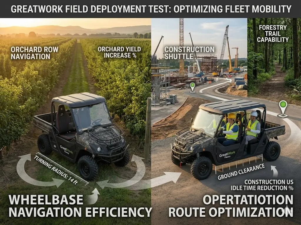 Comparison of 2-seat and 4-seat commercial UTVs showing GreatWork fleet deployment testing for agricultural orchard navigation efficiency and construction site crew route optimization.