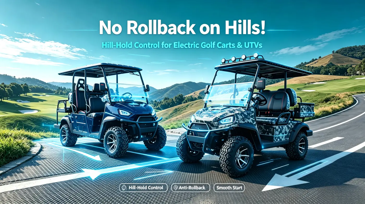 An electric golf cart and an electric UTV 4WD vehicle equipped with Hill-Hold Control technology, demonstrating stable parking and safe starting on a steep slope without rolling back.