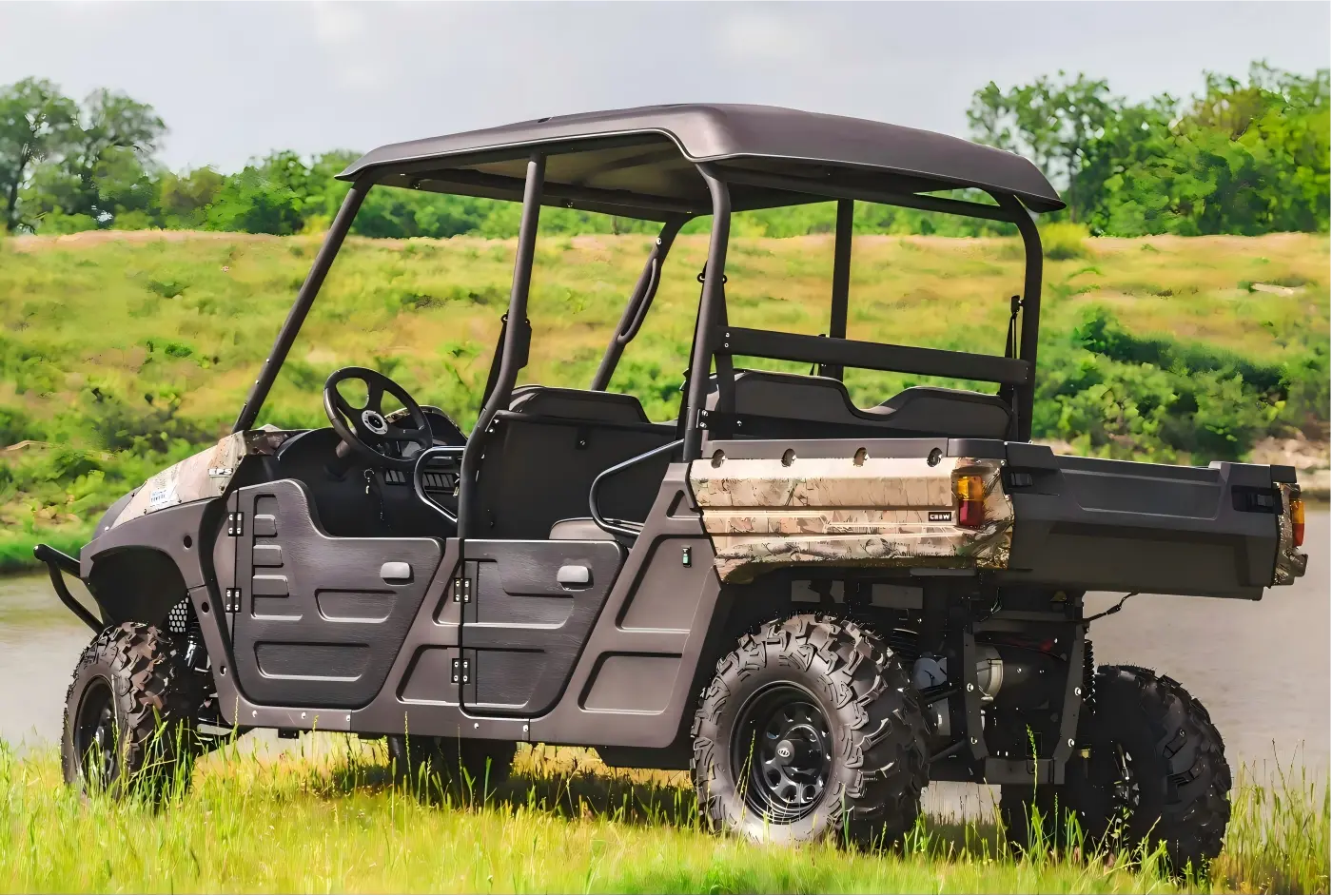 A high-performance 4WD electric UTV off-road vehicle navigating complex farmland terrain for efficient agricultural operations.