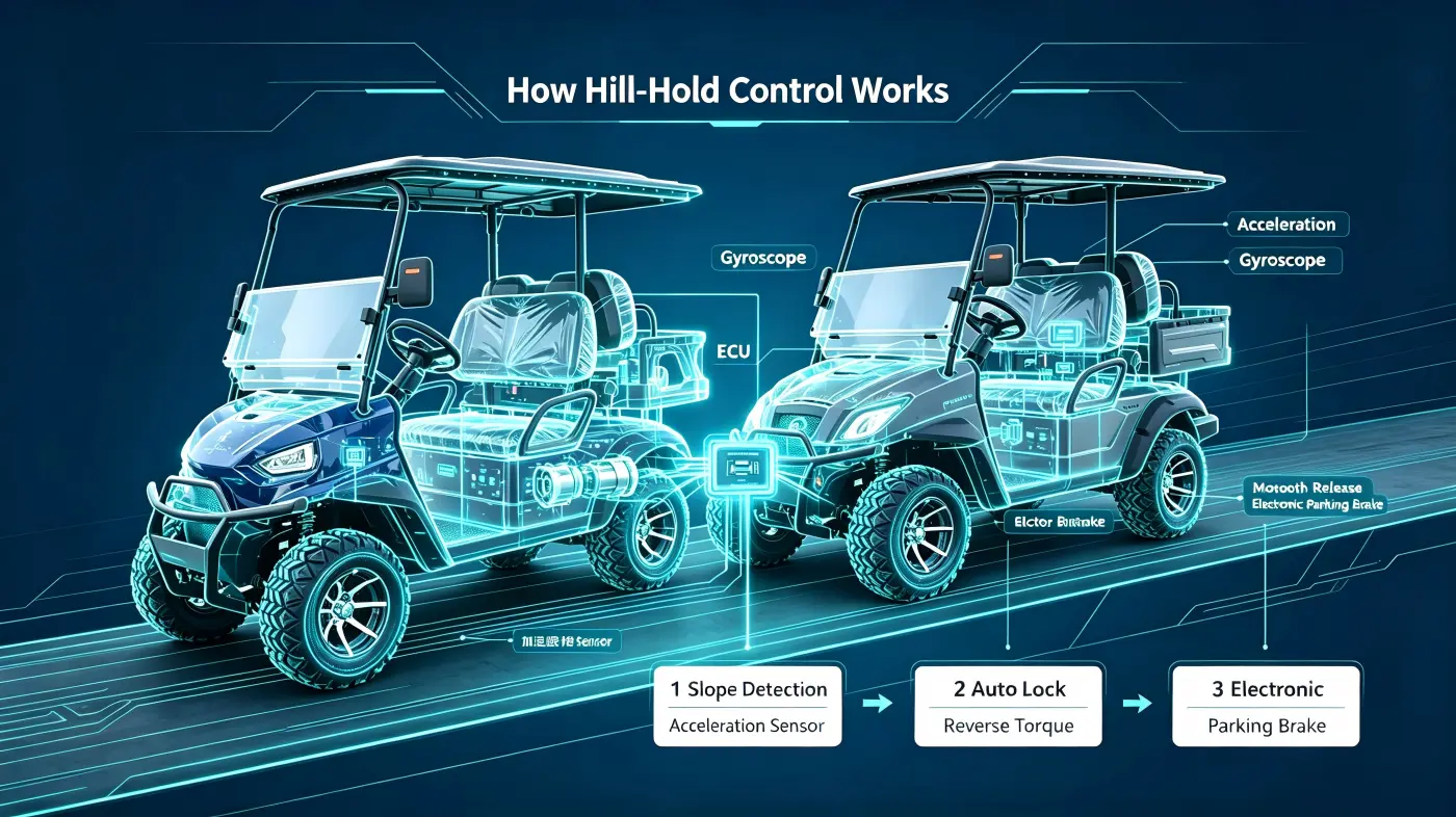 Diagram illustrating how the Hill-Hold Control system works in three steps: intelligent slope detection, automatic parking lock, and smooth start release for electric golf carts.