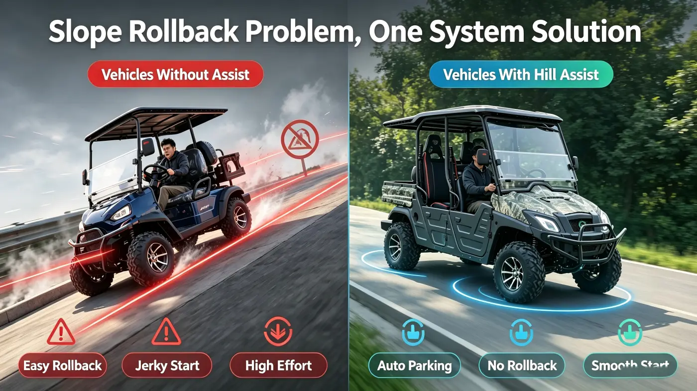 Comparison between electric golf carts and UTVs with and without Hill-Hold Control, highlighting the problem of slope rollback and the solution provided by this system.