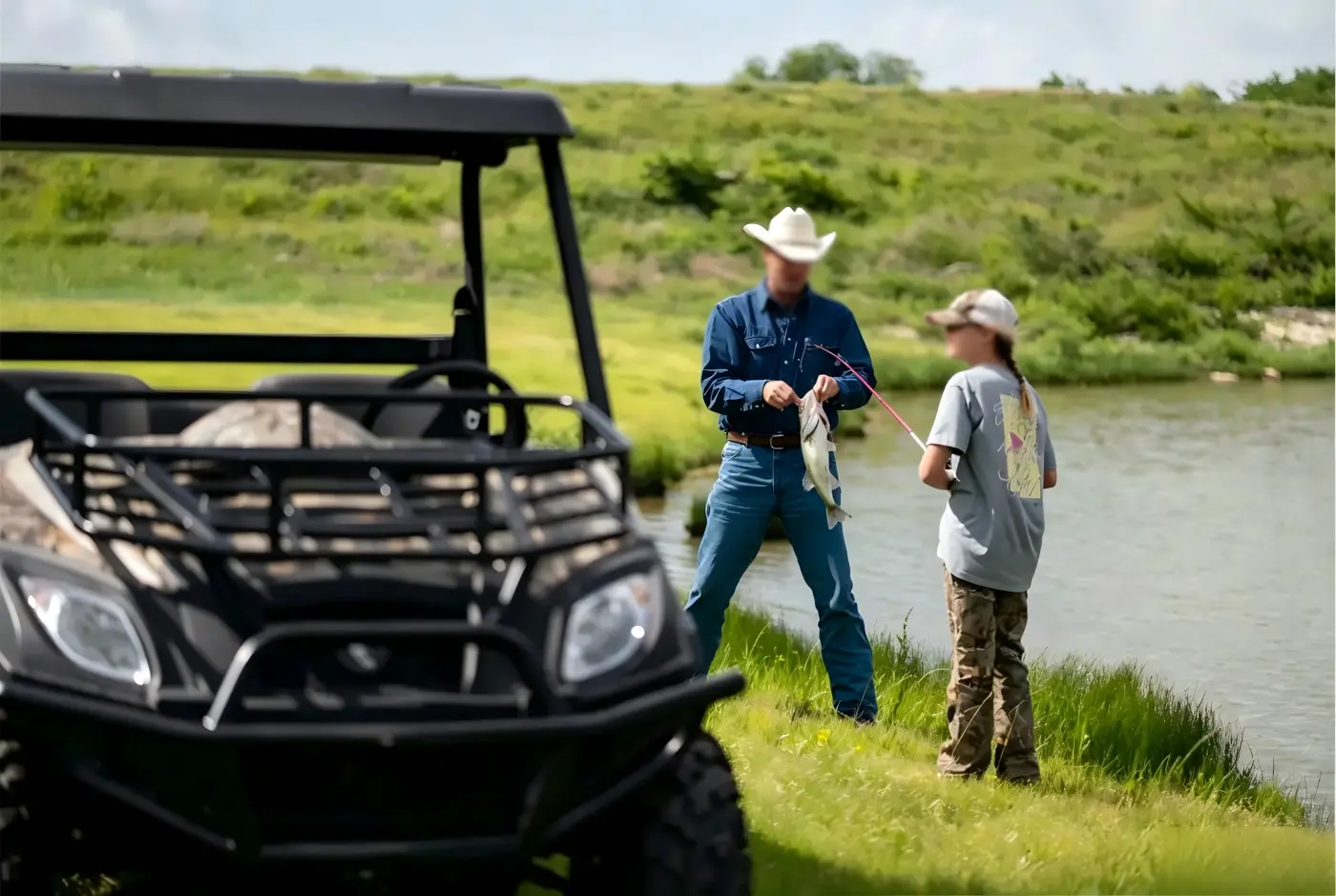 A high-performance 4WD electric UTV off-road vehicle navigating complex farmland terrain for efficient agricultural operations.