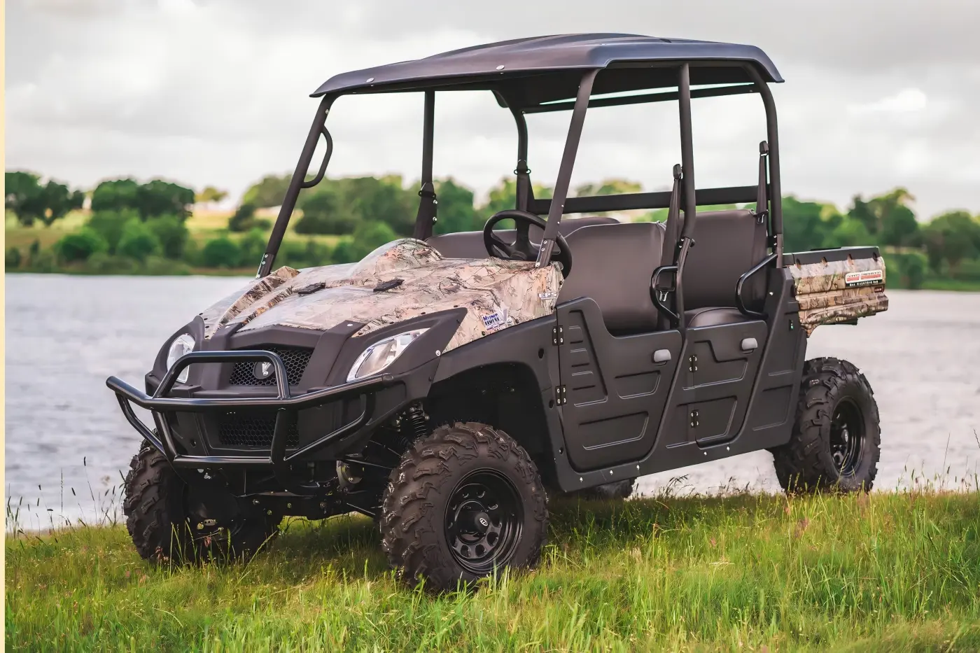 A high-performance 4WD electric UTV off-road vehicle navigating complex farmland terrain for efficient agricultural operations.