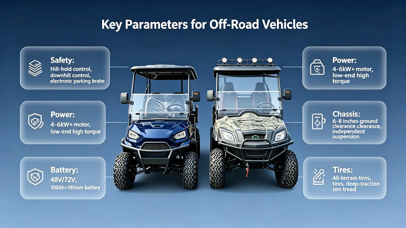 Key technical parameters for off-road electric vehicles, including Hill-Hold Control, motor power, battery voltage, and chassis configuration for steep slope performance.