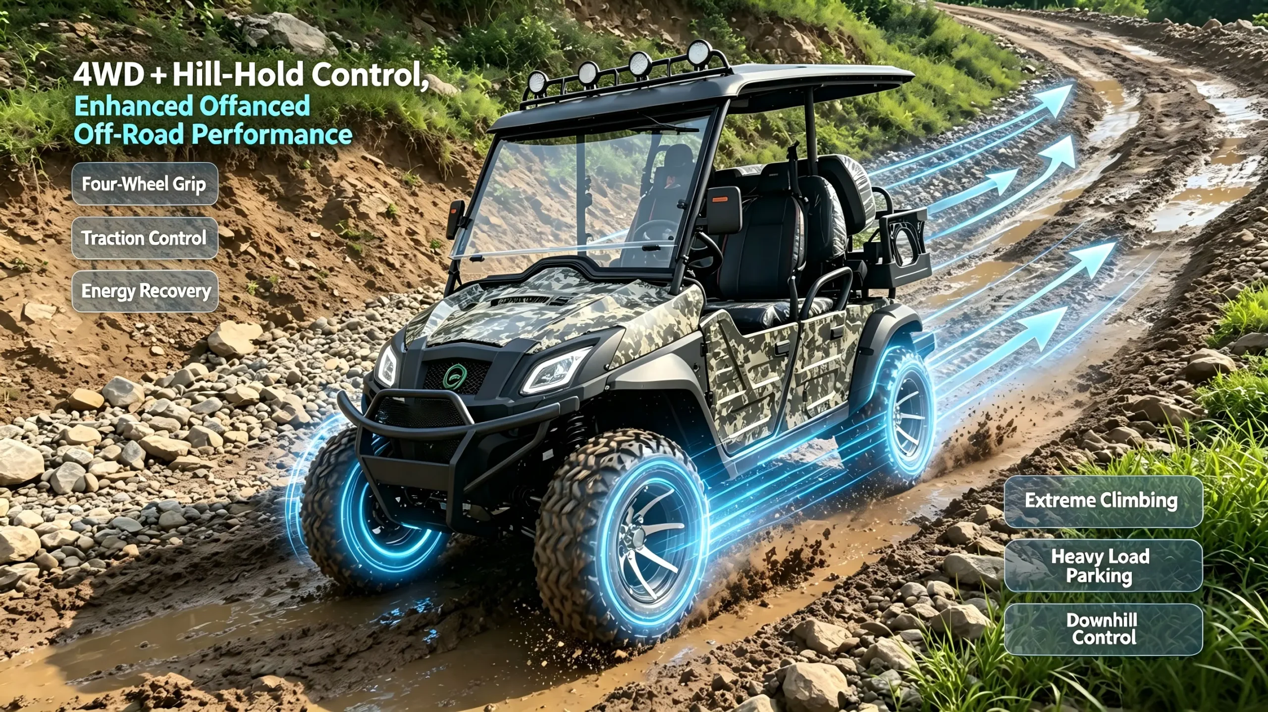 Electric UTV with advanced 4WD off-road performance, showing real-time torque distribution and intelligent hill-hold control system components.