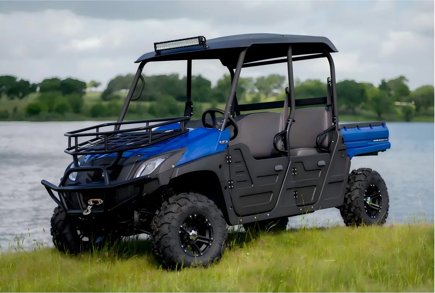 A high-performance 4WD electric UTV off-road vehicle navigating complex farmland terrain for efficient agricultural operations.