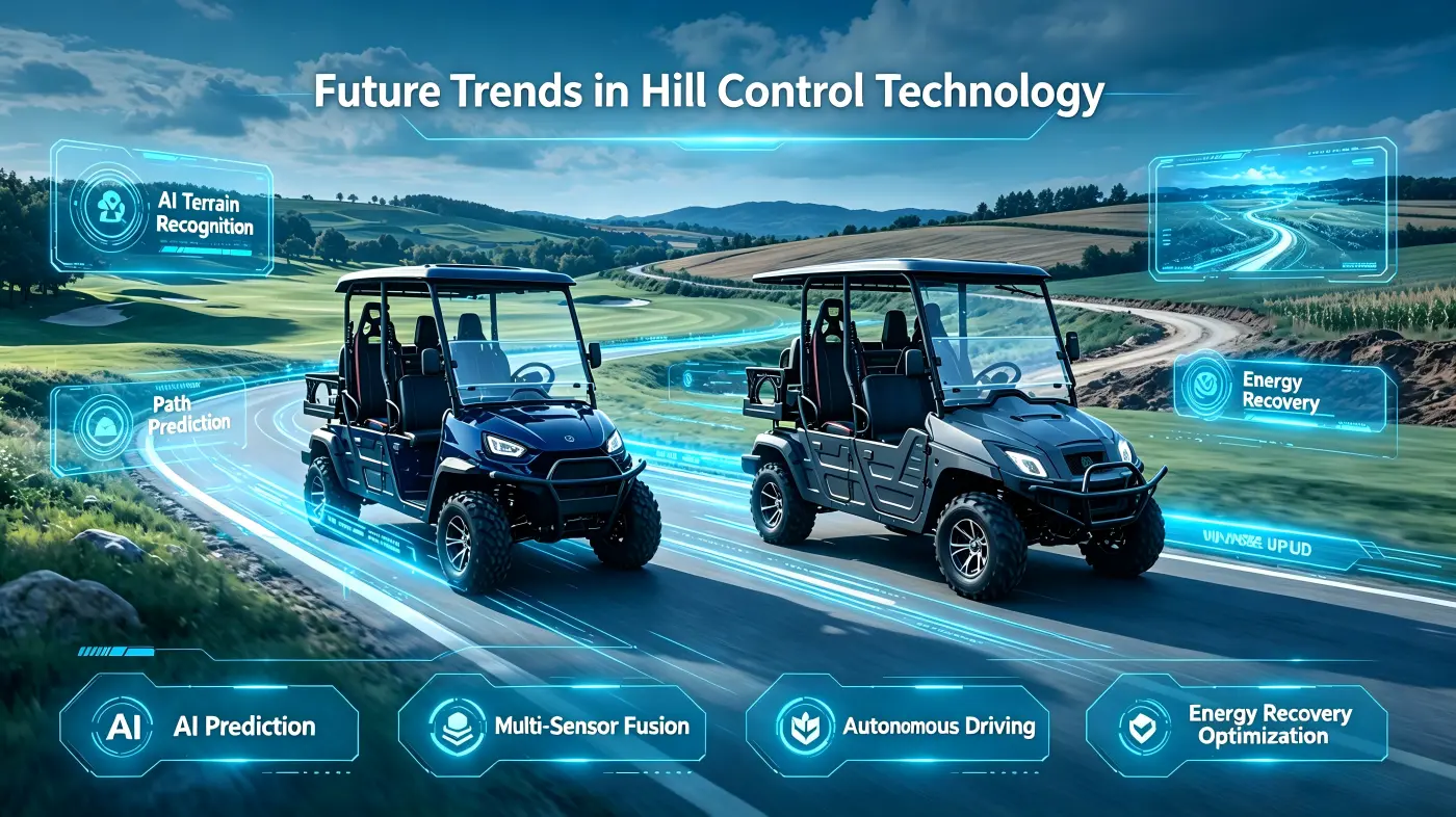 Future trends in hill control technology for electric vehicles, featuring AI intelligent predictive control and autonomous driving for electric golf carts and UTVs.
