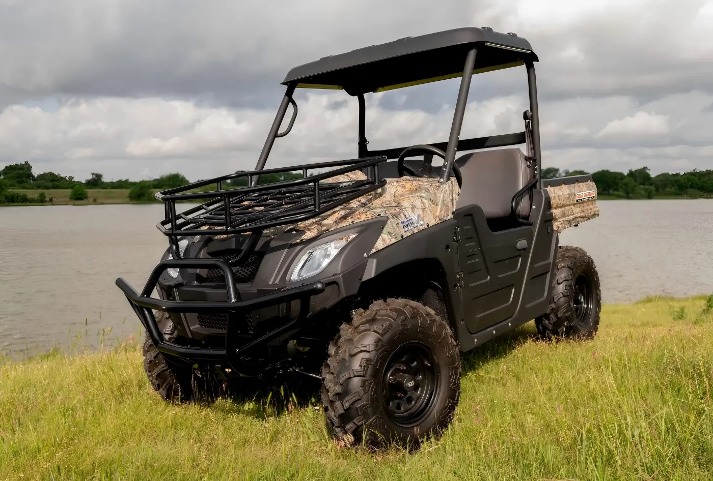 A high-performance 4WD electric UTV off-road vehicle navigating complex farmland terrain for efficient agricultural operations.