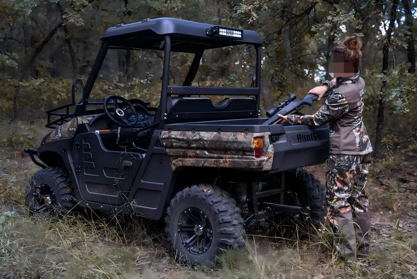 Custom fuel UTV handling heavy-duty loading for outdoor hunting and forest operations