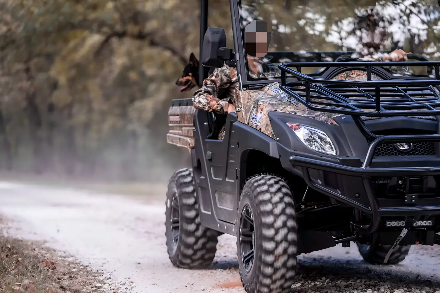 Fuel-powered UTV navigating complex terrain, highlighting all-terrain trafficability and high-speed driving stability.