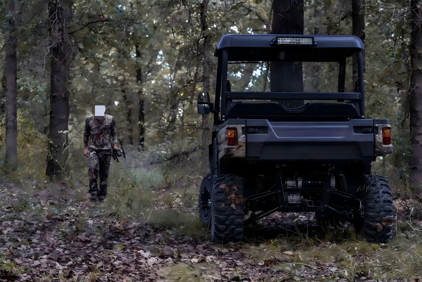 800cc Fuel UTV navigating through dense forest terrain