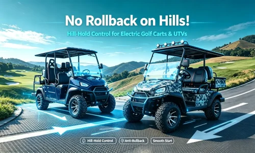 An electric golf cart and an electric UTV 4WD vehicle equipped with Hill-Hold Control technology, demonstrating stable parking and safe starting on a steep slope without rolling back.
