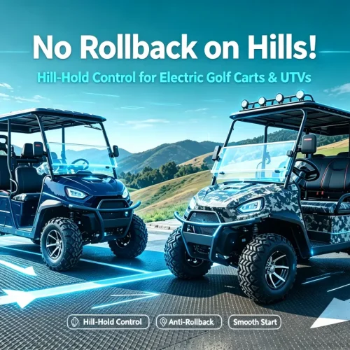 An electric golf cart and an electric UTV 4WD vehicle equipped with Hill-Hold Control technology, demonstrating stable parking and safe starting on a steep slope without rolling back.