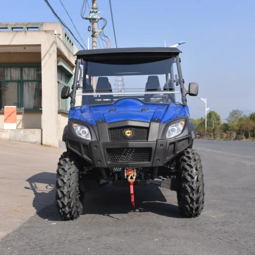 Blue crossover UTV with heavy-duty cargo bed and independent suspension