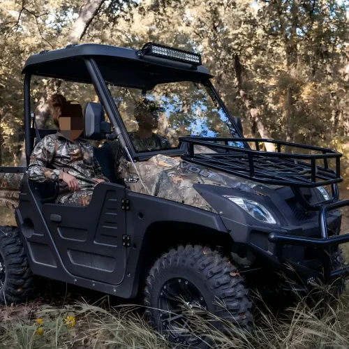Custom 4x4 fuel UTV operating in a rugged outdoor farm environment