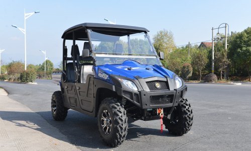 A blue fleet utility vehicle parked on a paved resort road, showcasing a silent utility vehicle option for commercial park patrol.