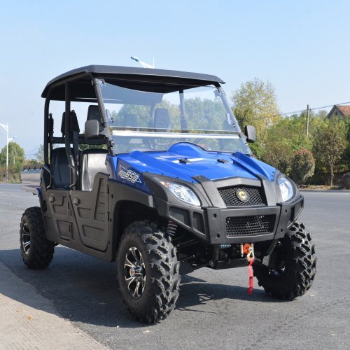A blue fleet utility vehicle parked on a paved resort road, showcasing a silent utility vehicle option for commercial park patrol.