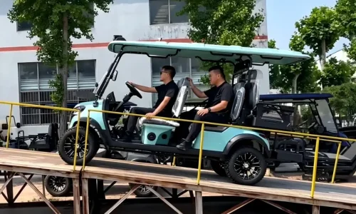 Electric golf cart climbing a steep ramp with a 7.5KW motor, showcasing off-road capability and hill-hold control features.